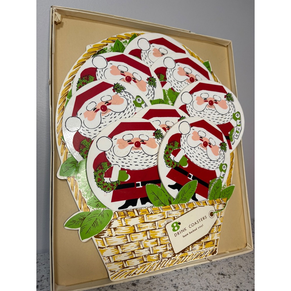 Vintage Santa‎ Claus Drink Coasters 8 Piece Set Foam Backed Vinyl Christmas